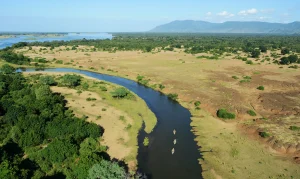 Aerial view of canoes on a channel of the Zambezi River, Zambia